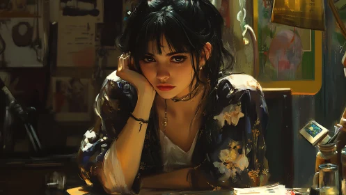 Melancholic woman in painterly studio interior under warm light