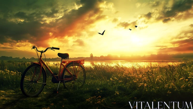 Vintage Bicycle Silhouette in Golden Hour Landscape Composition.