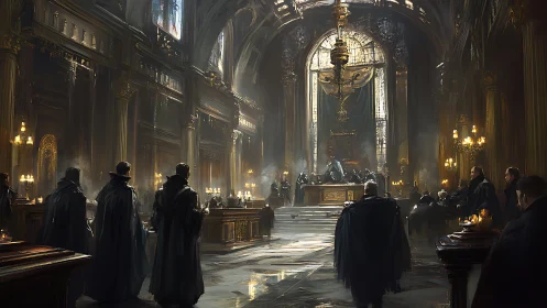 Secret council in a grand candlelit gothic hall.