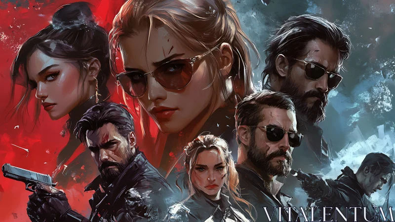 Stylized vigilante ensemble amid split red blue chaos.