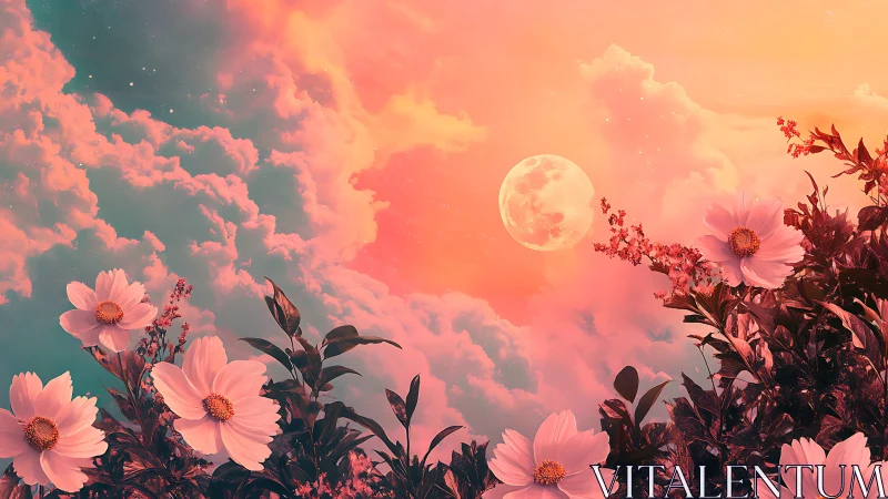Moonlit cosmos flowers glow under vivid pastel sky