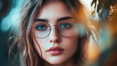 Portrait of contemplative girl in round glasses at dusk.