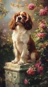 Spaniel-type dog on stone pedestal amid flowering shrubs.