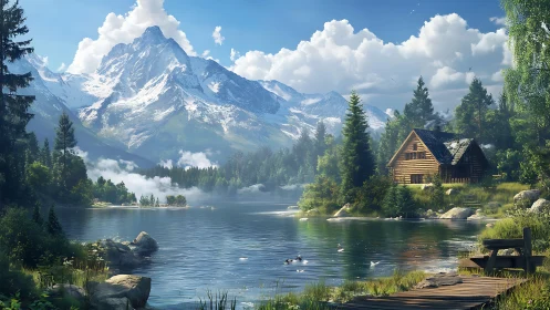 Mountain lake landscape with log cabin and dense forest.