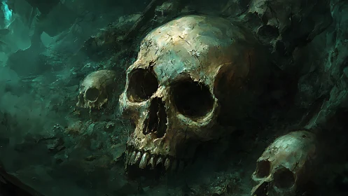 A corroded skull dominates a murky, teal-hued ossuary field