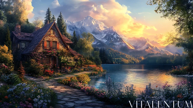 Stone cottage stands beside reflective lake and distant peaks