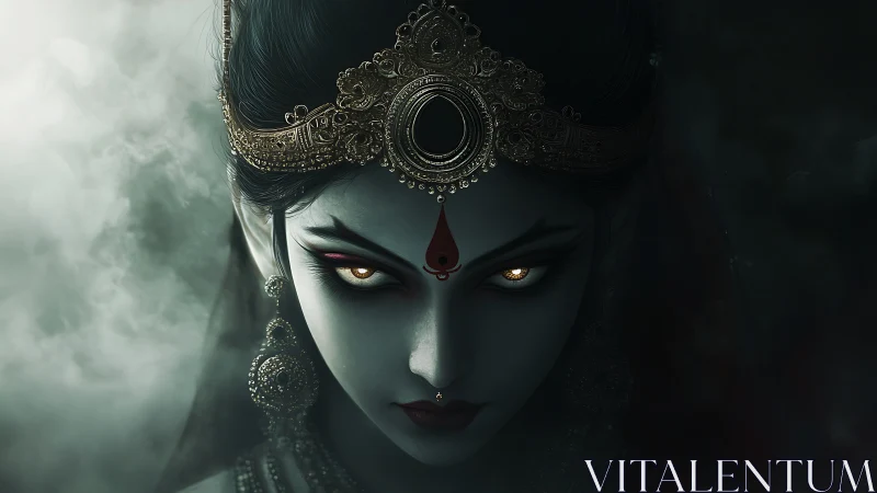 Dark goddess portrait shows glowing eyes and ornate crown