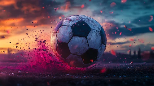 Soccer ball explodes through neon dust at sunset field