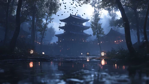 Moonlit rain over a tranquil forest temple retreat.