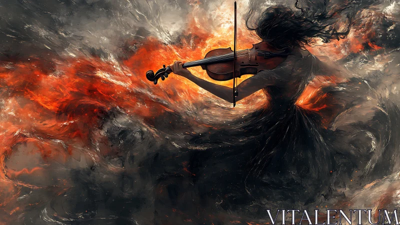 Violinist surrounded by swirling fiery smoke and motion.