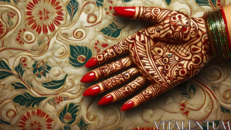 Intricate bridal mehndi hand over embroidered brocade textile.