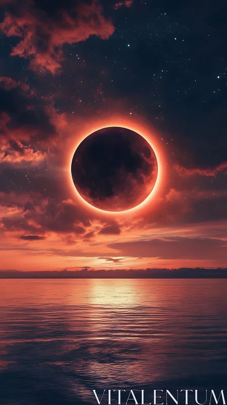 Digital painting of solar eclipse over reflective ocean horizon.