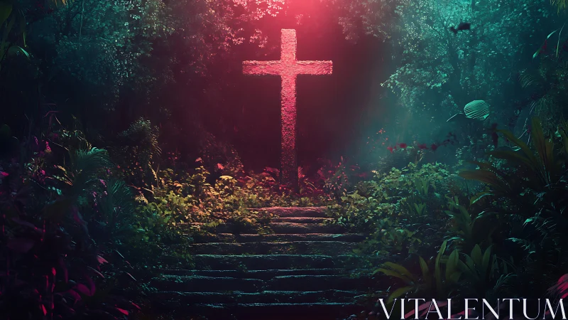 Illuminated stone cross on overgrown forest stairway at night.