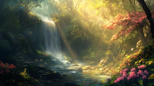 Sunlit forest waterfall renders volumetric light and dense flora