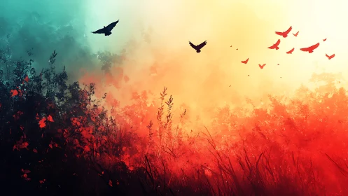 Contrasting dusk gradient silhouettes birds over abstract foliage