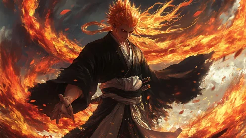 Flame-wreathed samurai in dynamic swirl of fire and motion