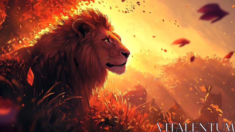 Majestic lion watches a burning autumn sunset in silence
