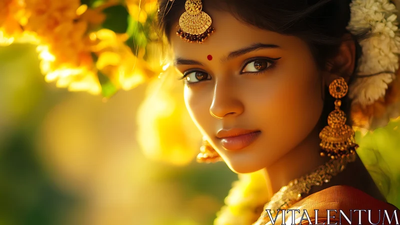 Golden-eyed portrait in soft floral evening light.
