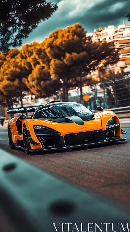Track-focused orange supercar under autumn city trees.