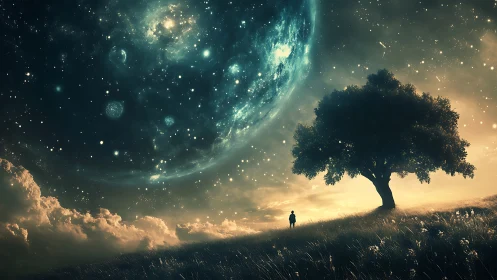 Solitary figure under vast cosmic sky and lone tree.