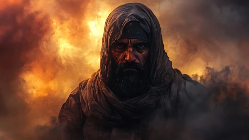 Hooded bearded figure stands centered amid dense fiery smoke