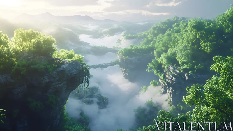 Rendered mountain gorge with dense foliage and cloud layer