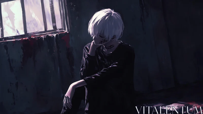 Soft light on a quiet loner in a shadowed, empty room.