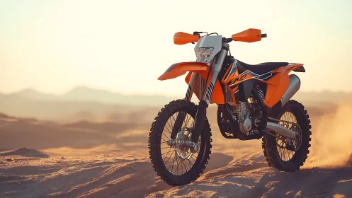 Orange desert dirt bike under golden sunset light.