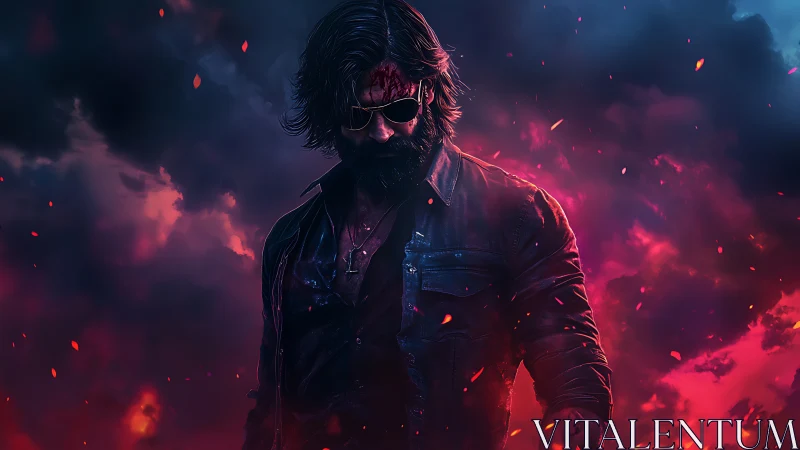 Brooding action hero in fiery neon smoke stormscape.