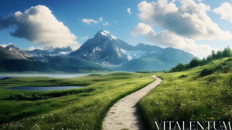 Mountain valley trail under cumulus clouds with glacial massif
