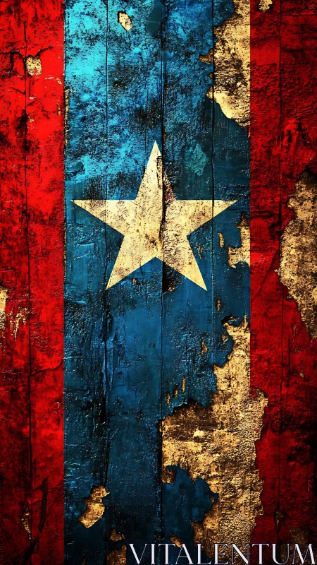 Weathered star emblem on distressed red and blue boards.