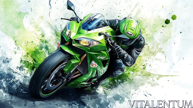 Green superbike leans into a curve with explosive painted speed