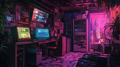 Neon lit cyberpunk computer workspace overlooking city.