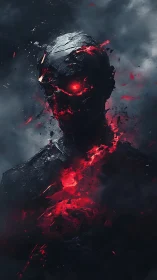 Burning obsidian cyborg figure with molten red core.