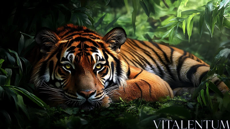 Resting tiger lies in lush jungle shade with watchful eyes