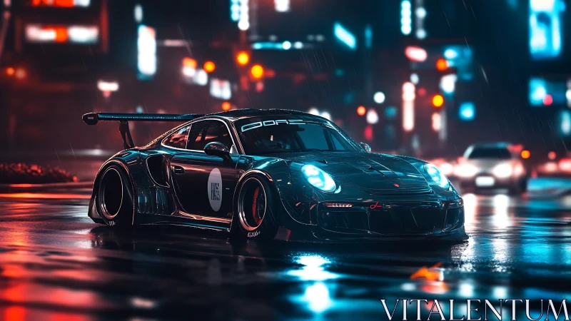 Modified race car on wet neon city street at night.