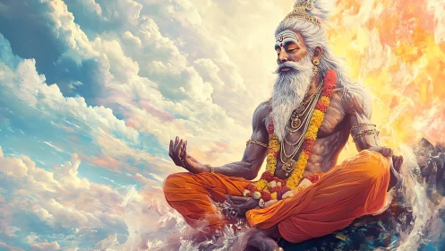 Meditating Hindu sage levitating above ocean surf and clouds