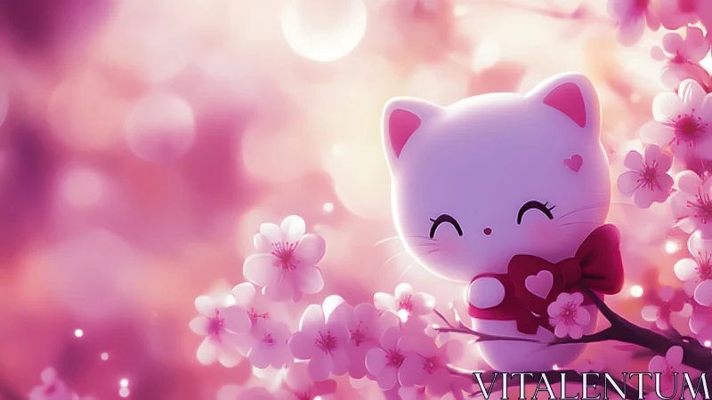 Kawaii white cat figurine with cherry blossoms and bokeh glow
