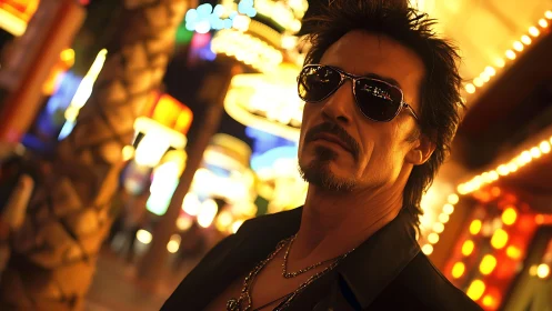 Nocturnal neon portrait with shallow depth and bokeh rendering.