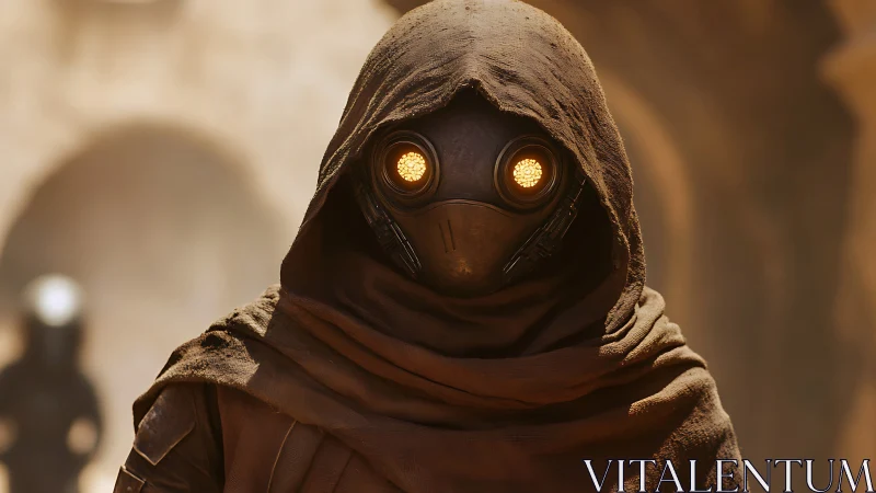 Desert-cloaked scout studies the dunes with lantern eyes