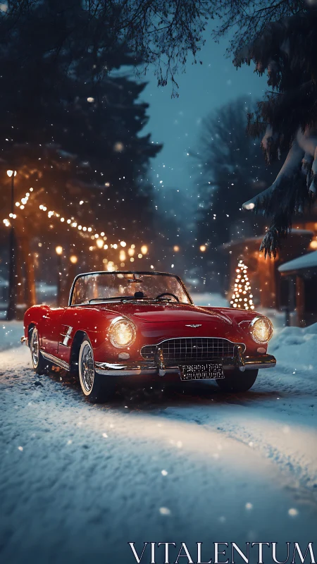 Red classic convertible glows warmly in a snowy winter street