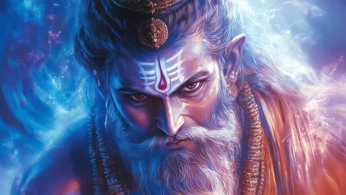 Majestic blue sage gazes forward with calm, fierce focus