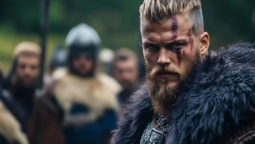 Viking warrior portrait with war paint and fur cloak.