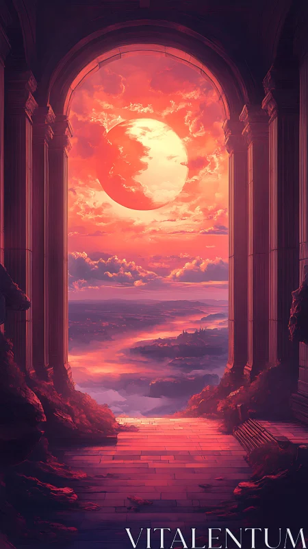 Celestial sun descends beyond ancient archway at twilight.