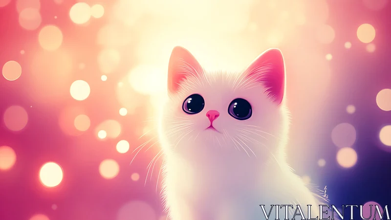 White Feline Portrait with Stylized Features Against Gradient Bokeh Background