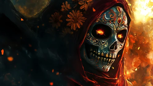 Ember-eyed reaper smiles beneath painted midnight bones