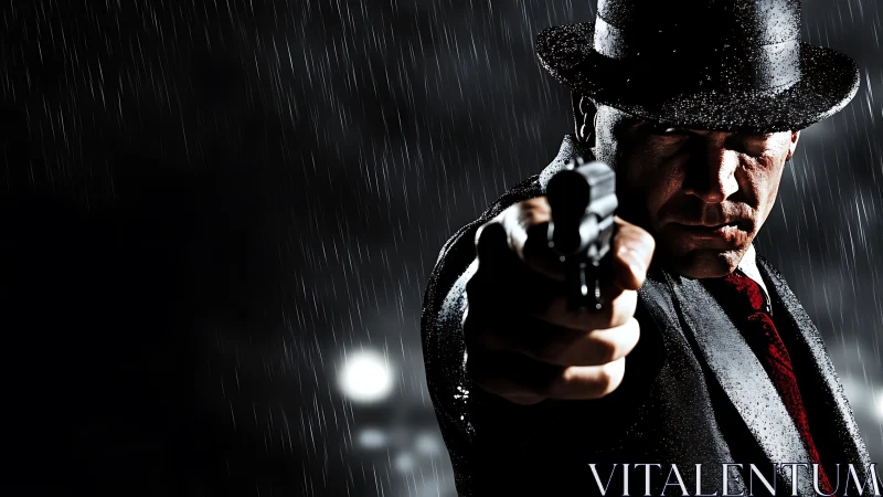 Man in rain points handgun directly at the camera