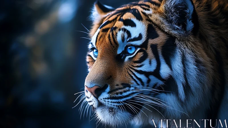 Blue-eyed tiger portrait in dramatic cool lighting focus.