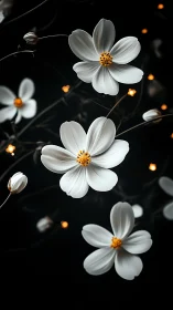 White Cosmos Flowers Against Dark Background.