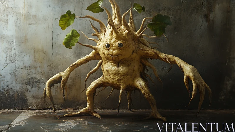 Anthropomorphic root creature stands in moody industrial space